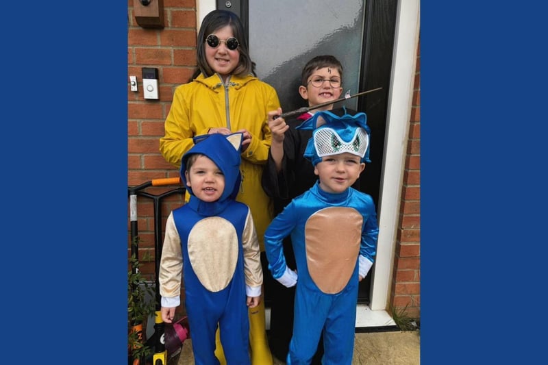 Jessica, 10, dressed as Coraline; Oliver, 8, dressed as Harry Potter; Mason, 3, dressed as little Sonic; and Charlie, 4, dressed as big Sonic.
