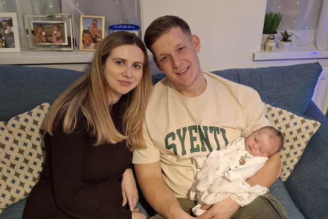 Proud parents Laura and Kyle with baby Mabel. Images supplied by Carrie Giddings.