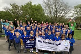 Staff and pupils at Gravenhurst Academy celebrating being rated Outstanding by Ofsted inspectors