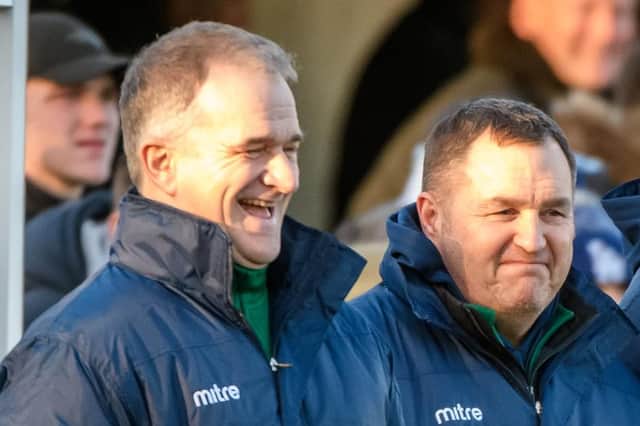 Mark Inskip and Dave Northfield oversaw Biggleswade FC's first win on Tuesday night. Pic: Biggleswade FC.