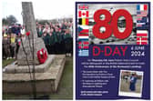 Left: Potton War Memorial. Image: Kieran Evetts. Right: Potton's D-Day poster. Image: Potton Town Council.