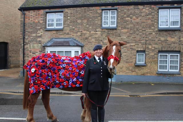 Chester proudly showing off the hand knitted poppy rug made specially for the occasion