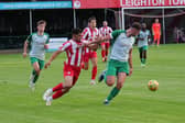 Action from Biggleswade Town's win at Leighton on Tuesday. Pic: Andrew Parker