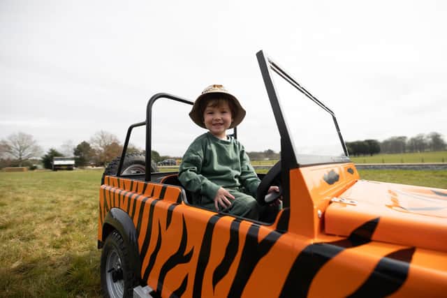 Max in little Ranger Rover Car at Woburn Safari Park. Easter 2025