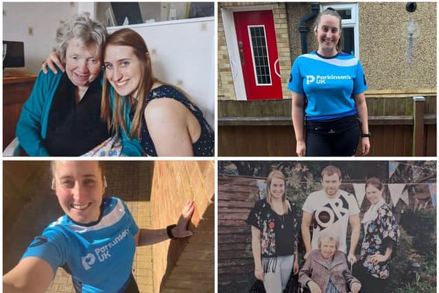 (Top left) Leanne (right) with her Grandma, Marion (left). (Bottom left and top right) Leanne training for the marathon. (Bottom right) Leanne (far left) with her family.