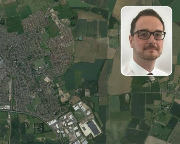 Aerial view Biggleswade and inset ,councillor Steven Watkins. Pictures: Google Maps | Central Bedfordshire Council