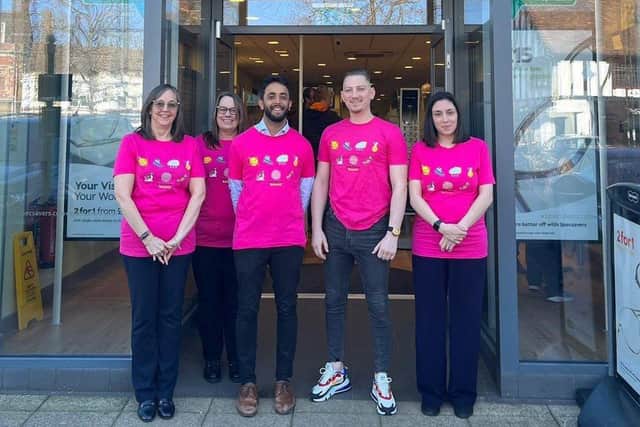 Some of the Biggleswade Specsavers’ staff taking part in the 10,000 Steps a Day in February challenge, Tina Sutton, Elaine Coe, Niraj Mavani and Hannah Morris with brain tumour patient Adam Dilley