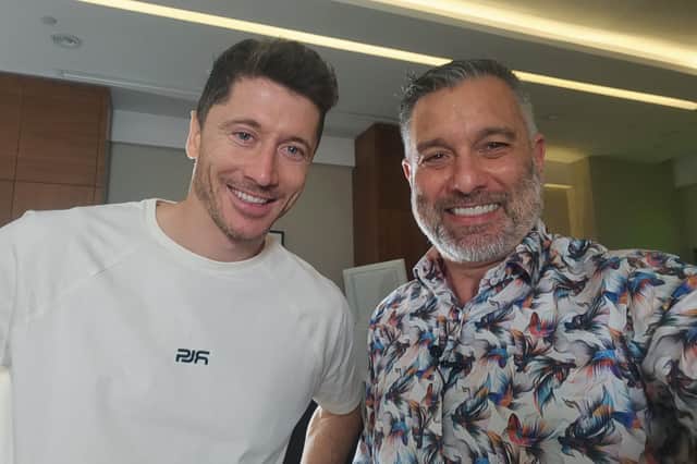 Guillem Balague and Robert Lewandowski (left) will both be at the World Cup, but only one will return to watch Biggleswade on December 3.