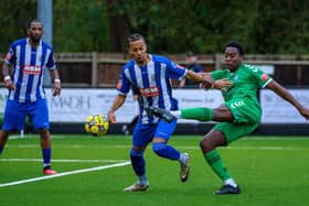 Carmichael Uchenna turns home Biggleswade FC’s second goal against Thame. Photo: Guy Wills Sports Photography.