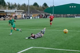 Rhys Hoenes fires home Biggleswade's second goal at Cirencester. Photo: Martyn Haworth.
