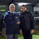 Biggleswade Town managers, Danny Payne and Jimmy Martin, receive the Club of the Month award for January from Southern League director, Terry Barratt, ahead of Tuesday’s game. Photo: SPL.