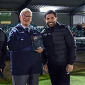 Biggleswade Town managers, Danny Payne and Jimmy Martin, receive the Club of the Month award for January from Southern League director, Terry Barratt, ahead of Tuesday’s game. Photo: SPL.