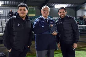 Biggleswade Town managers, Danny Payne and Jimmy Martin, receive the Club of the Month award for January from Southern League director, Terry Barratt, ahead of Tuesday’s game. Photo: SPL.