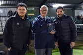 Biggleswade Town managers, Danny Payne and Jimmy Martin, receive the Club of the Month award for January from Southern League director, Terry Barratt, ahead of Tuesday’s game. Photo: SPL.