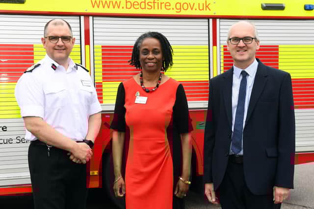 Chief Fire Officer Andy Hopkinson, Councillor Jacqui Burnett and Councillor Michael Headley
