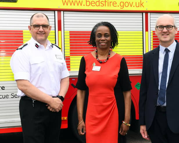 Chief Fire Officer Andy Hopkinson, Councillor Jacqui Burnett and Councillor Michael Headley