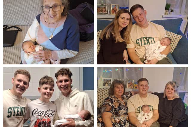 Five generations: baby Mabel with her family. Images supplied by Carrie Giddings.