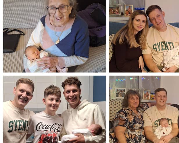 Five generations: baby Mabel with her family. Images supplied by Carrie Giddings.