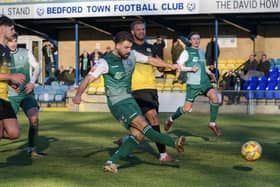 Adam Hunt fires home the late winner against Barton. Photo: Guy Wills Photography.