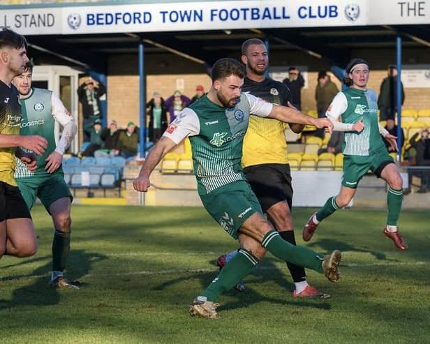 Adam Hunt fires home the late winner against Barton. Photo: Guy Wills Photography.