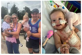 Family fundraising for GOSH (Nancy age one), and right, Nancy after open heart surgery, aged nine months. Images supplied by the Aris family.