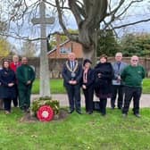 Armistice Day: Cllr Martin Pettitt, Mayor of Sandy Town Council, Cllr Mrs Susan Sutton, president Sandy Branch of the RBL, Rev Huw Davies, councillors, staff and members of the public. Image: Sandy Town Council.