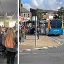 The meeting at Sandy Library, and right, a queue for the 72 from Sandy to Potton (September 24) at around 11am. Images: Marc Webber.