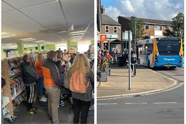 The meeting at Sandy Library, and right, a queue for the 72 from Sandy to Potton (September 24) at around 11am. Images: Marc Webber.