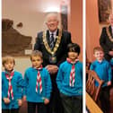 Left: Beavers Alfie Keenan, Ethan Patel and Joseph Donaldson with Mayor, Cllr Martin Pettitt. Right: Beavers Christopher Baker, Ellis Whitehead, Jack Moutrey and Ben Manley with the Mayor. Photo: Sandy Town Council.