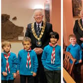 Left: Beavers Alfie Keenan, Ethan Patel and Joseph Donaldson with Mayor, Cllr Martin Pettitt. Right: Beavers Christopher Baker, Ellis Whitehead, Jack Moutrey and Ben Manley with the Mayor. Photo: Sandy Town Council.