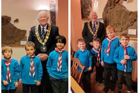 Left: Beavers Alfie Keenan, Ethan Patel and Joseph Donaldson with Mayor, Cllr Martin Pettitt. Right: Beavers Christopher Baker, Ellis Whitehead, Jack Moutrey and Ben Manley with the Mayor. Photo: Sandy Town Council.