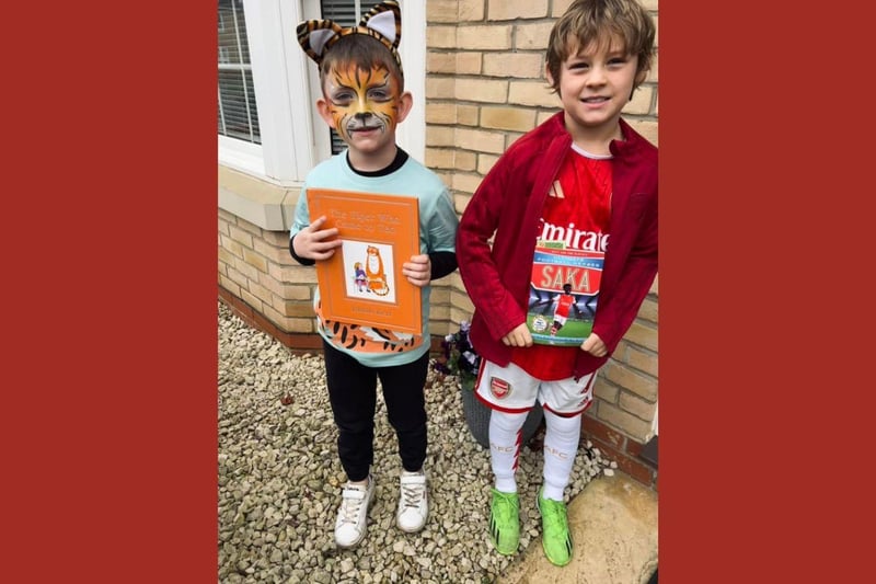Zach, 6, as the tiger that came to tea and Theo, 8, as Saka