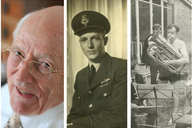 Left to right: Mick on his Diamond wedding anniversary; Pilot Officer Mander (August 1947); Mick and his E Flat base, 1964. Images: The Mander family.