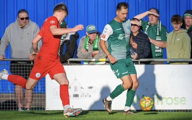 Action from Biggleswade FC's loss at home to AFC Dunstable on Saturday. Photo: Guy Wills