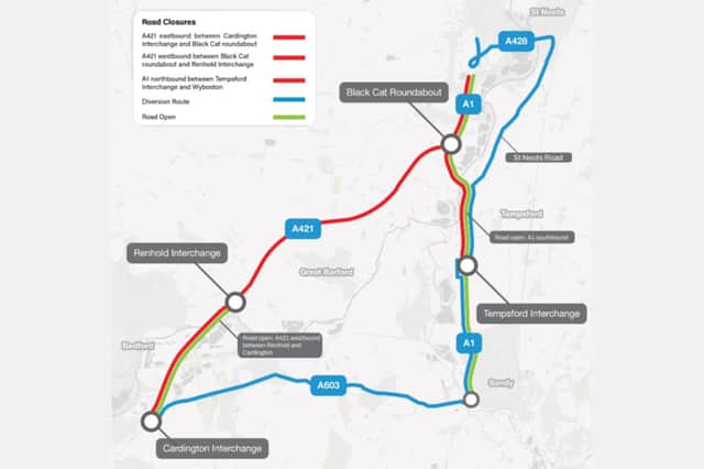 A map showing diversion routes in place during weekend work on the Black Cat roundabout from August 15 to 18
