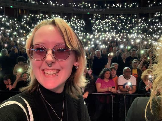 Teenage cancer survivor Alyssa Madge has her moment in the spotlight on stage at The Who concert at the Albert Hall. The 5,000 strong audience show their support for the Teenage Cancer Trust by switching on their phone torches