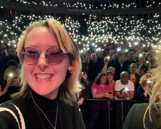 Teenage cancer survivor Alyssa Madge has her moment in the spotlight on stage at The Who concert at the Albert Hall. The 5,000 strong audience show their support for the Teenage Cancer Trust by switching on their phone torches