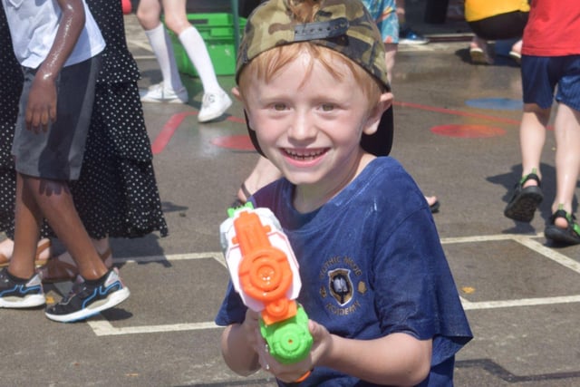 One of the students takes aim...