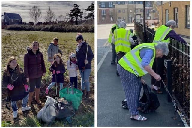 Left image: Adopt a Street members with Susana (far right).  Right image: Volunteers from Penrose Court litter picking.