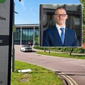 Central Bedfordshire Council headquarters - and inset CBC leader Cllr Adam Zerny. Images: CBC.