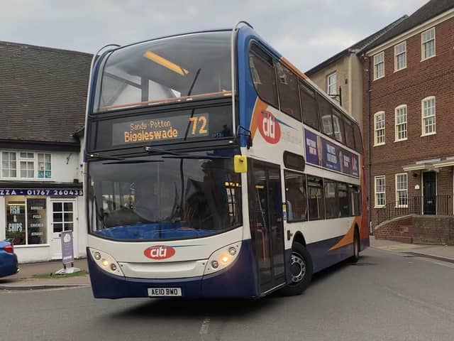 A Stagecoach bus on its travels through Potton. Image: Cllr Wye.