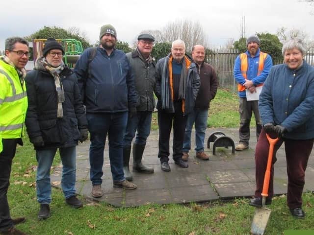 Town councillors pictured at the commencement of work to refurbish the play area, earlier this year. Image: Biggleswade Town Council.