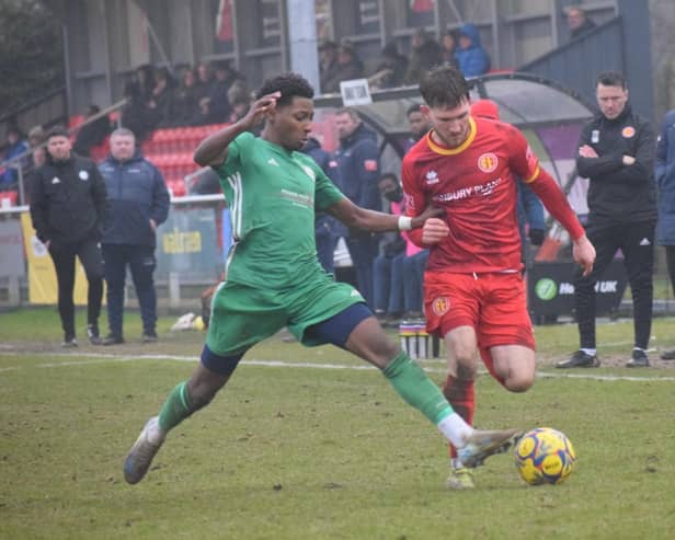 Action from Saturday's win for Biggleswade Town at Banbury United. Photo: BUFC.