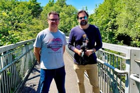 Dean Elcome with BBC 3CR presenter Justin Deeley on Clophill Bridge  which has now been saved, thanks to Dean's campaign