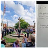 Mayor Councillor Grant Fage at the Proclamation of Accession ceremony. Right: The Biggleswade Town Council Book of Condolences. Image: Biggleswade Town Council.