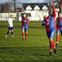Biggleswade's Taylor Rhiney celebrates one of his two goals against Crawley Green on Saturday. Photo: Patricia González Muñiz/BUFC