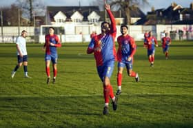 Biggleswade's Taylor Rhiney celebrates one of his two goals against Crawley Green on Saturday. Photo: Patricia González Muñiz/BUFC