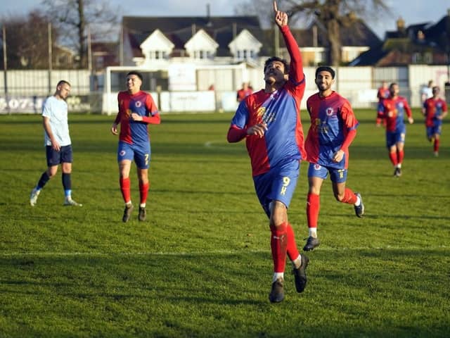 Biggleswade's Taylor Rhiney celebrates one of his two goals against Crawley Green on Saturday. Photo: Patricia González Muñiz/BUFC