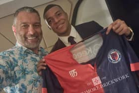 Biggleswade United chairman Guillem Balagué with French World Cup star Kylian Mbappe.