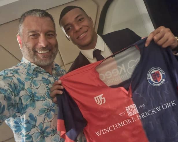 Biggleswade United chairman Guillem Balagué with French World Cup star Kylian Mbappe.